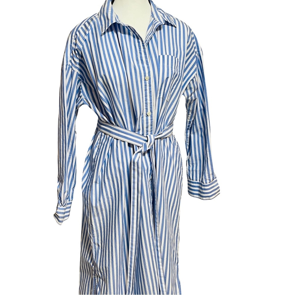 LOFT Striped Poplin Belted Midi Shirtdress
Size M Blue Stripes